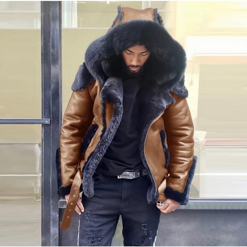Thickened Men's Pu Fur One-piece Coat Hooded Men's Jacket Winter