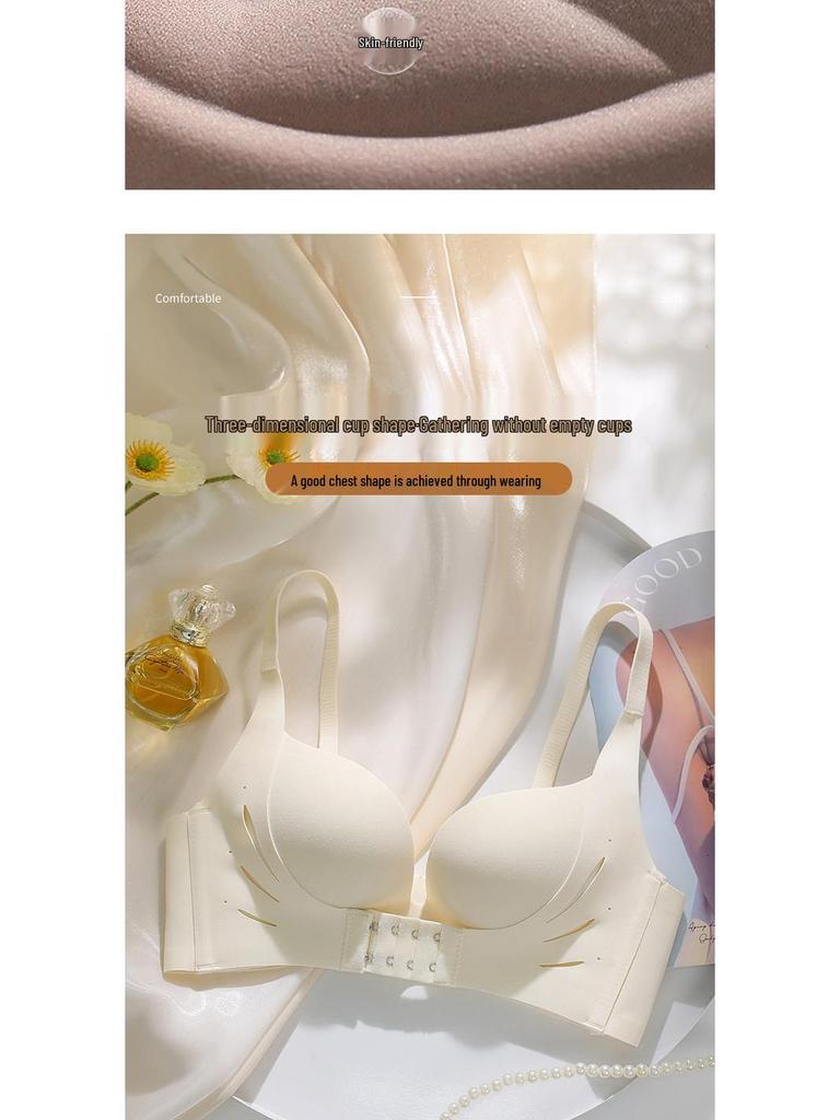 Women's Seamless Front Buckle Push-Up Bra and Panty Set with Comfortable Non-Wired Palm Cup for Smaller Chest Enhancement