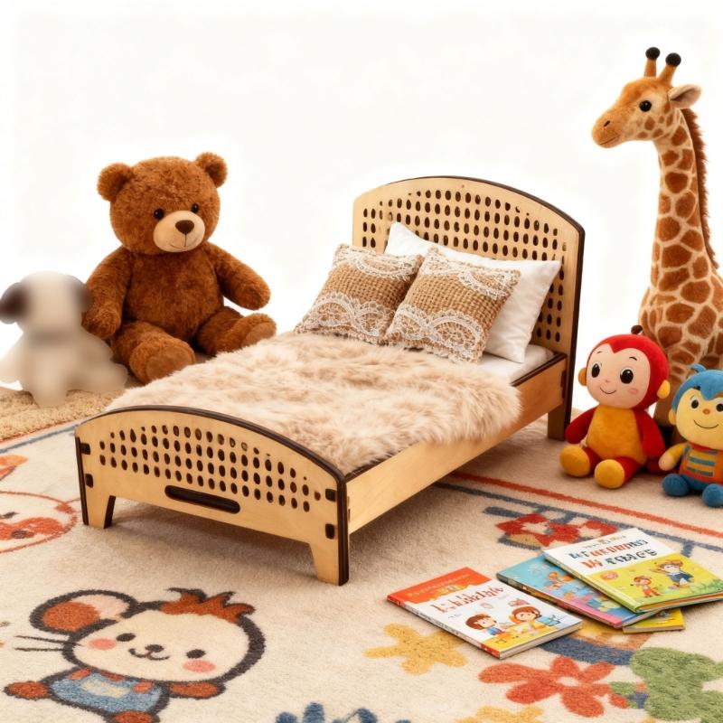 Unpainted Wooden Double Bed with Bedding Doll House Bedroom Furniture for Children Creative Play and Learning Activity