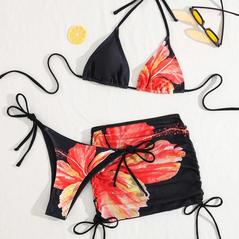 New printed lace-up mesh drawstring blouse sexy bikini three-piece swimsuit women