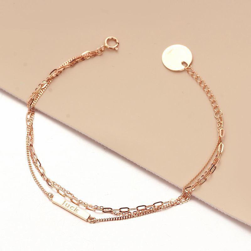 585 Purple Gold Luck Letter Double-Layer Bracelet Korean Version Rose Gold-Plated Square Brand Fringed Bracelet (17+3cm adjustment chain)
