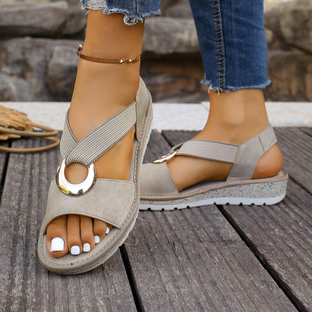 Large-sized Women's Slippers, Metal Buckle Decorated Hemp Rope Wedge Heel Fish-mouth Sandals for Women