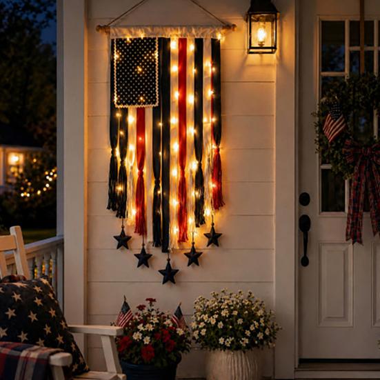 Wall Hanging Flag Decorative American Flag Banner with LED Lights Vintage Style Polyester Wall Decoration for Indoor Outdoor Party