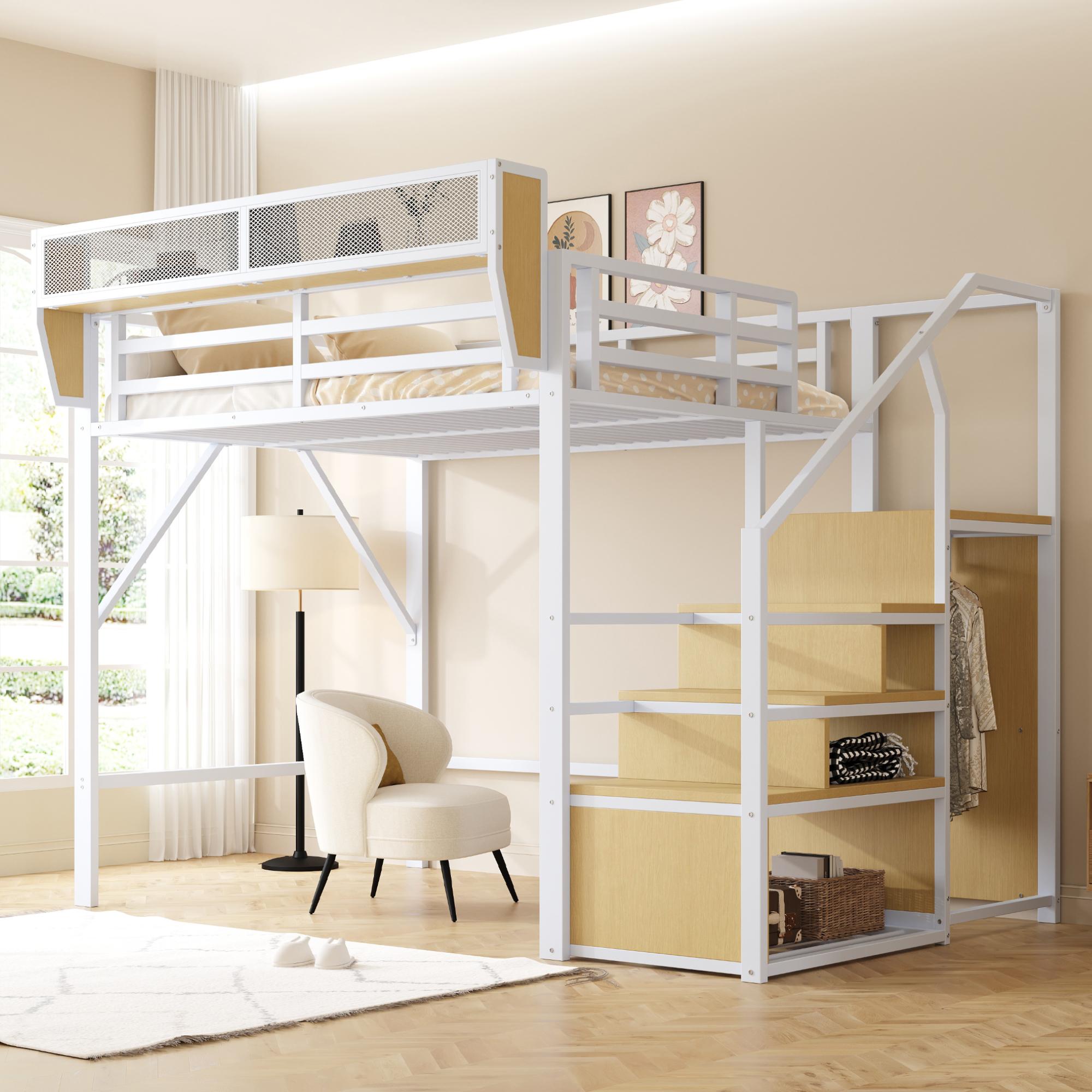 Paturi Supraetajate 140x200 cu Scară de Siguranță și Compartiment Flexibil de Depozitare, Pat Metalic Pat pentru Adulți Pat Supraetajat pentru Copii Alb 255 x 145 x 191 cm alb