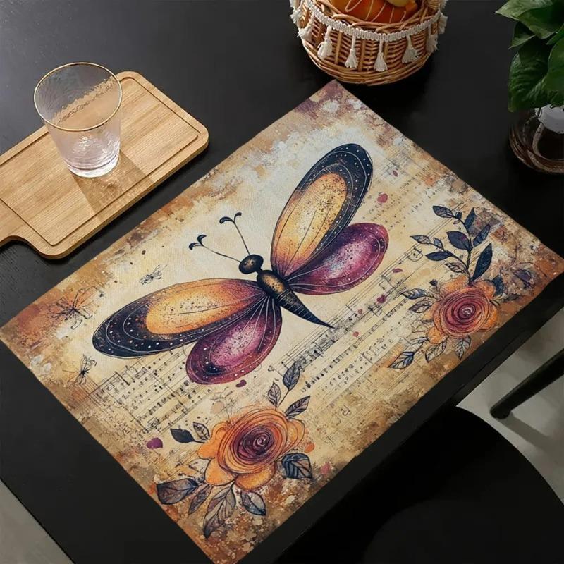 

4/6/8pcs Butterfly Pattern Pritned Placemats Retro Dining Table Mat Non-slip Tableware Pads Place Mat Tablecloth Kitchen Decor 4PC-32X42cm