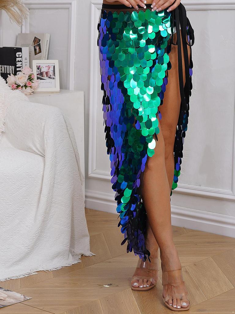 Dámská halloweenská bederní sukně s dlouhým břišním tancem Třpytivé flitry Šněrovací mořská panna Hip Šála Festivalové taneční kostýmy