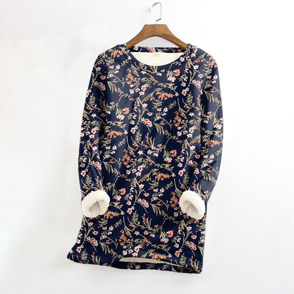 Dame Rundhals Topp Trykk Fortykket Plysj Kasjmir Varm Lang Topp