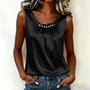 Women's Casual Satin Sleeveless Top Pearl Embellished Round Neck Blouse Smooth Fabric Lightweight Summer Shirt