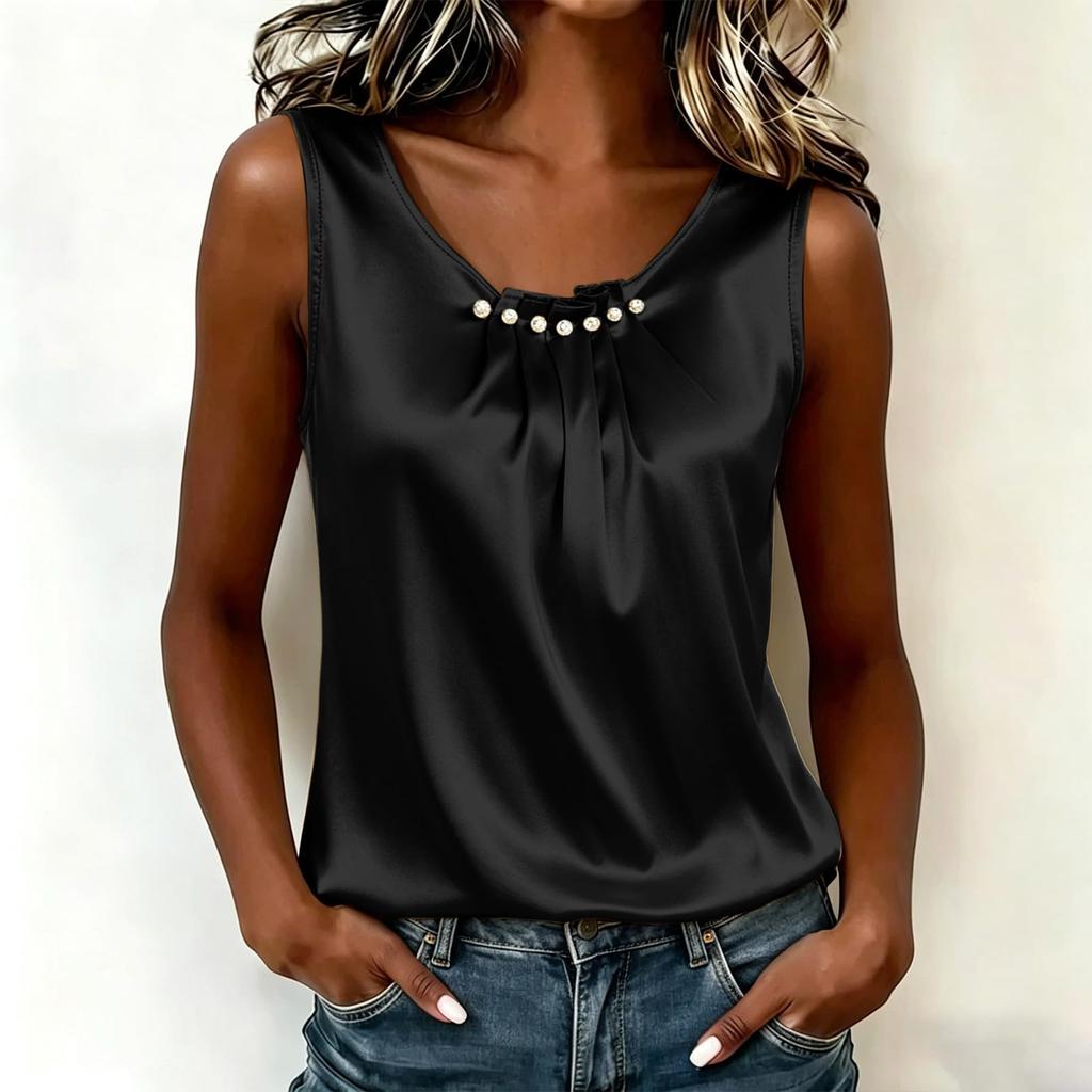 Women's Casual Satin Sleeveless Top Pearl Embellished Round Neck Blouse Smooth Fabric Lightweight Summer Shirt