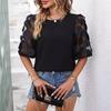 Summer Women Fashion Casual Blouses Spring Solid Color Round Neck Half Sleeve Print Shirts