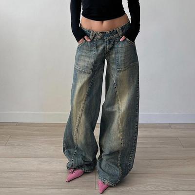 Jeans décontractés amples lavés avec poches, pantalon droit