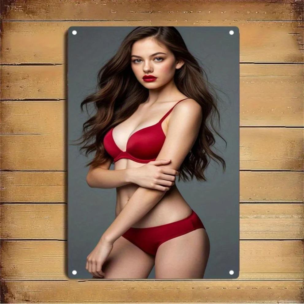 Metal Wall Art Decor, Red Lingerie Woman Sign, Durable Iron Wall Hanging for Bedroom Bar Cafe, Easy Mount Modern 2D Flat Christm