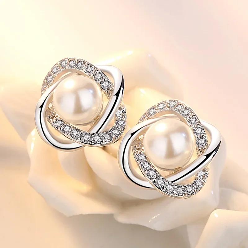 

Upscale Sterling Silver Earrings Zircon Pearl Twist Luxury Stud Earrings For Women brincos pendientes bijoux білий