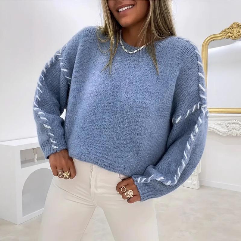 Women's Loose Casual Solid Color Round Neck Pullover with Drawstring Design – Slimming Long Sleeve Knit Sweater