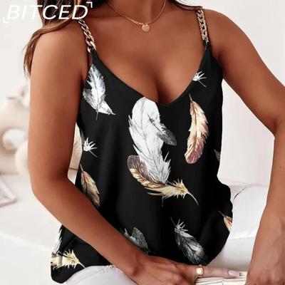 Regata feminina de verão simples sem mangas com corrente cami estampada