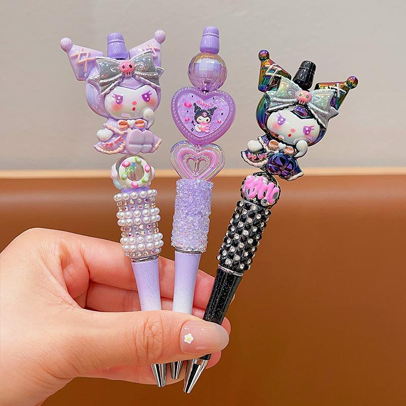 6pcs HelloKitty Sanrio Cartoon Anime Kuromi Water Diamond Rotating Neutral Pen Sanrio Beaded Ballpoint Pen Student Learning Supplies Gift Back