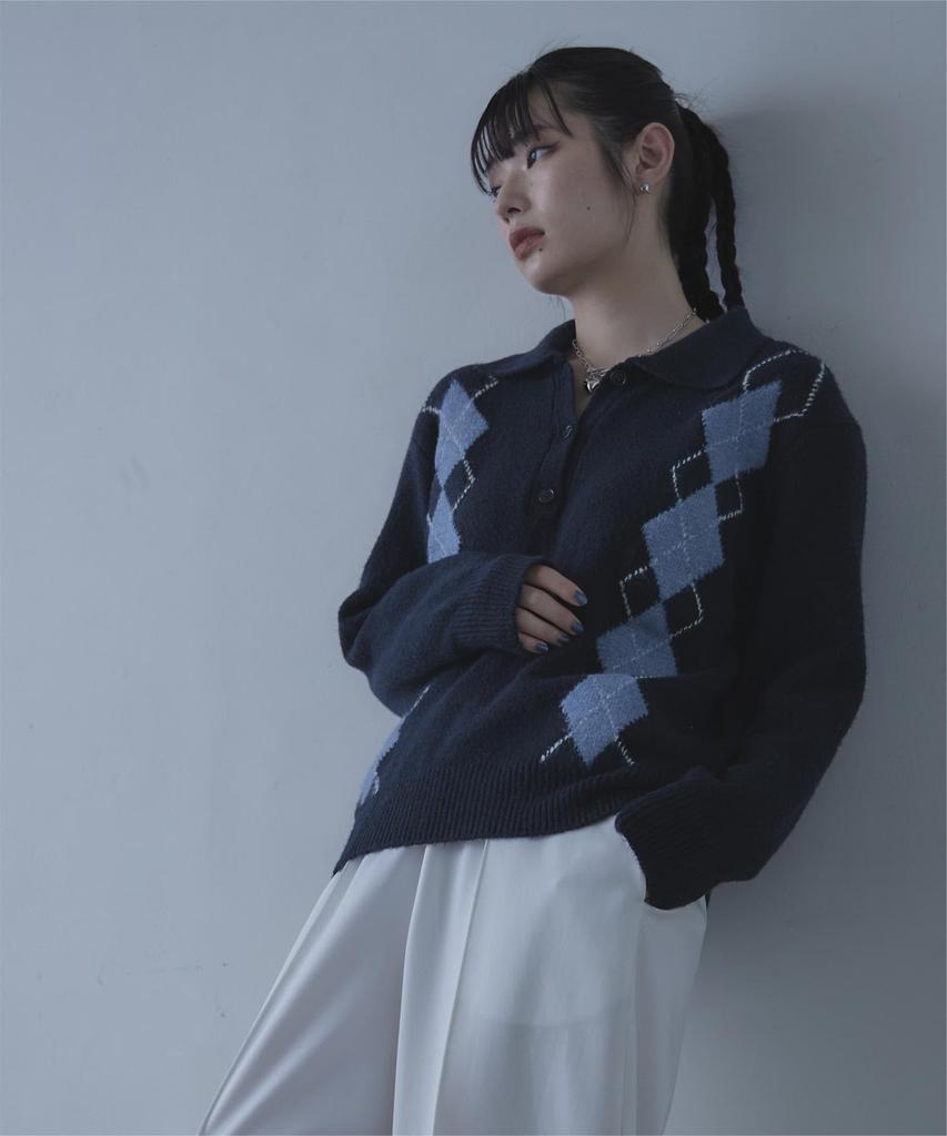 miette Collared Argyle Knit REW18109 Free Size Navy Women's