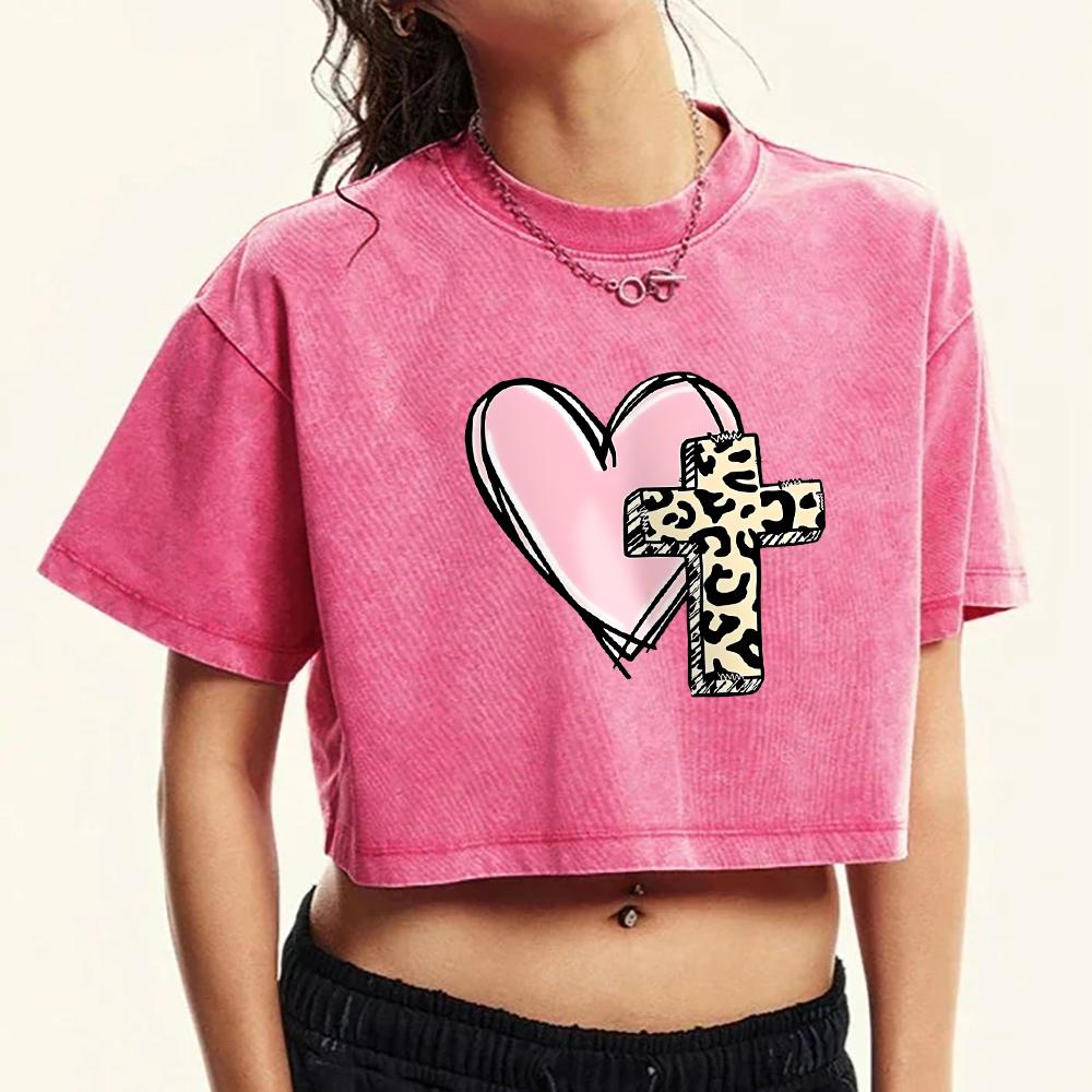 

Pink Heart And Cross Print Women Washed T-Shirt Fashion Cotton T Shirts Street Tops Female Crewneck Short Sleeve M