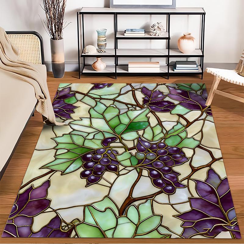 "Stained Glass Style Carpet with Green Leaves and Purple Grapes Design" Suitable for use as an anti-slip for living room bedroom sofas