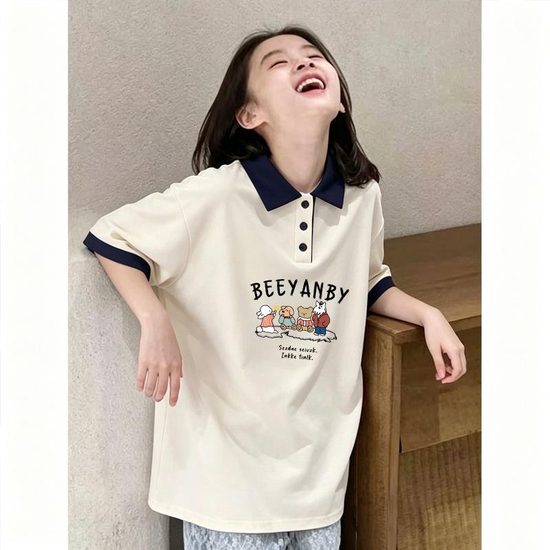 Girls' Summer Pure Cotton Polo Shirt - Sweet Lapel Short Sleeve Top for Medium and Large Children