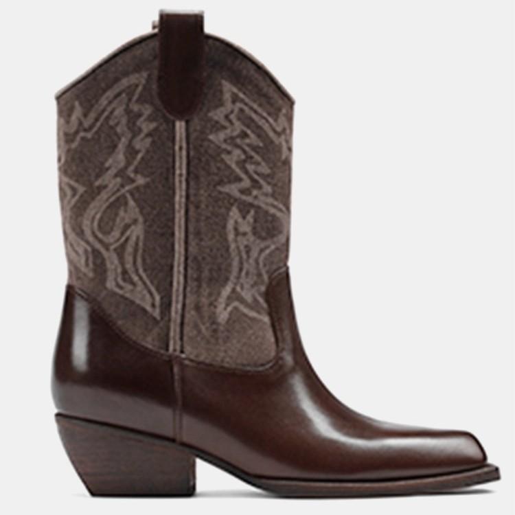 Rindsleder~ Western Kurzstiefel Damen Gewaschen Grober Absatz Cowboy Stiefel Designgefühl High Heel Stiefeletten Sommer Bedruckte Mode Stiefel