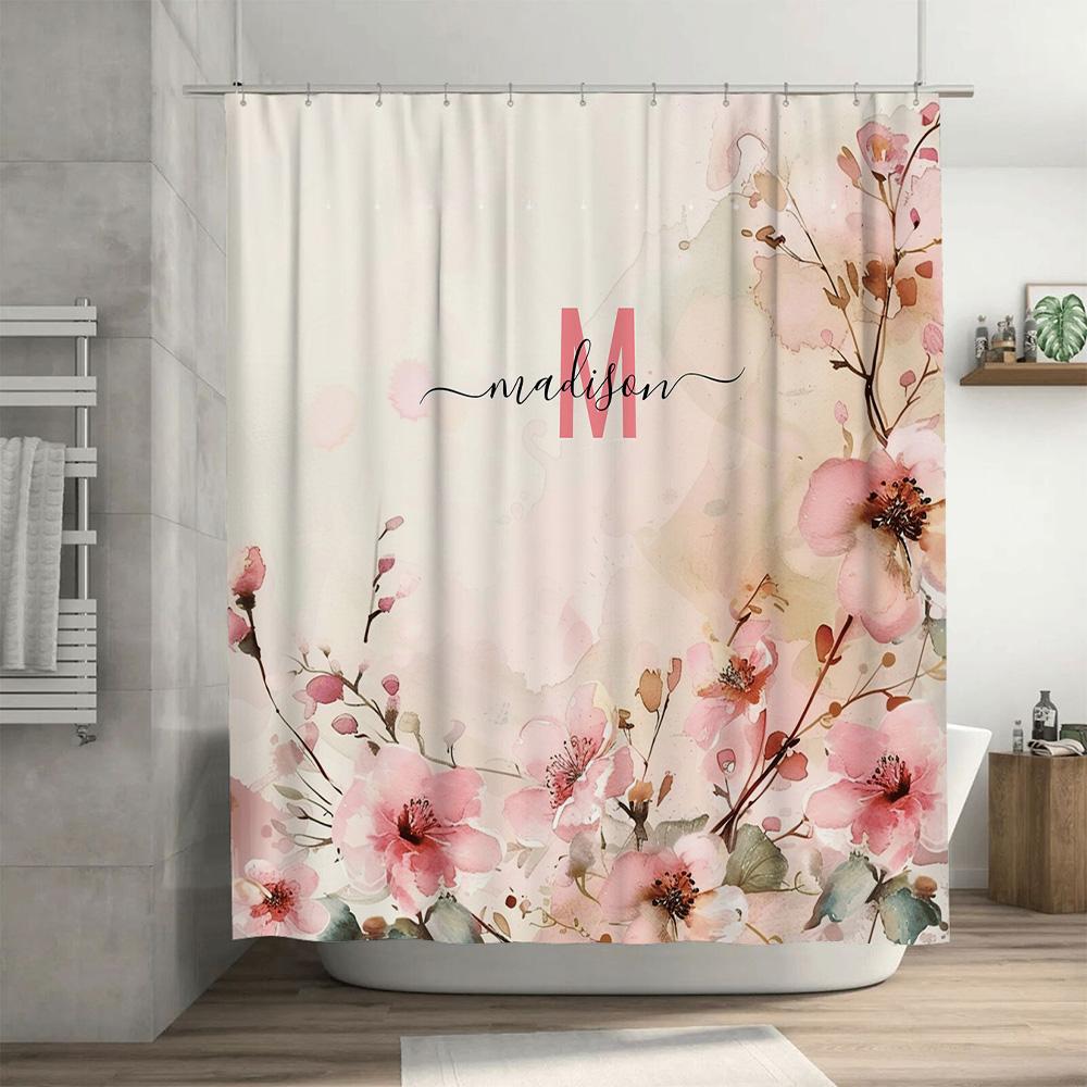Vintage Pink Blossom Bath Curtain Watercolor Style Bathroom Decor For Girls