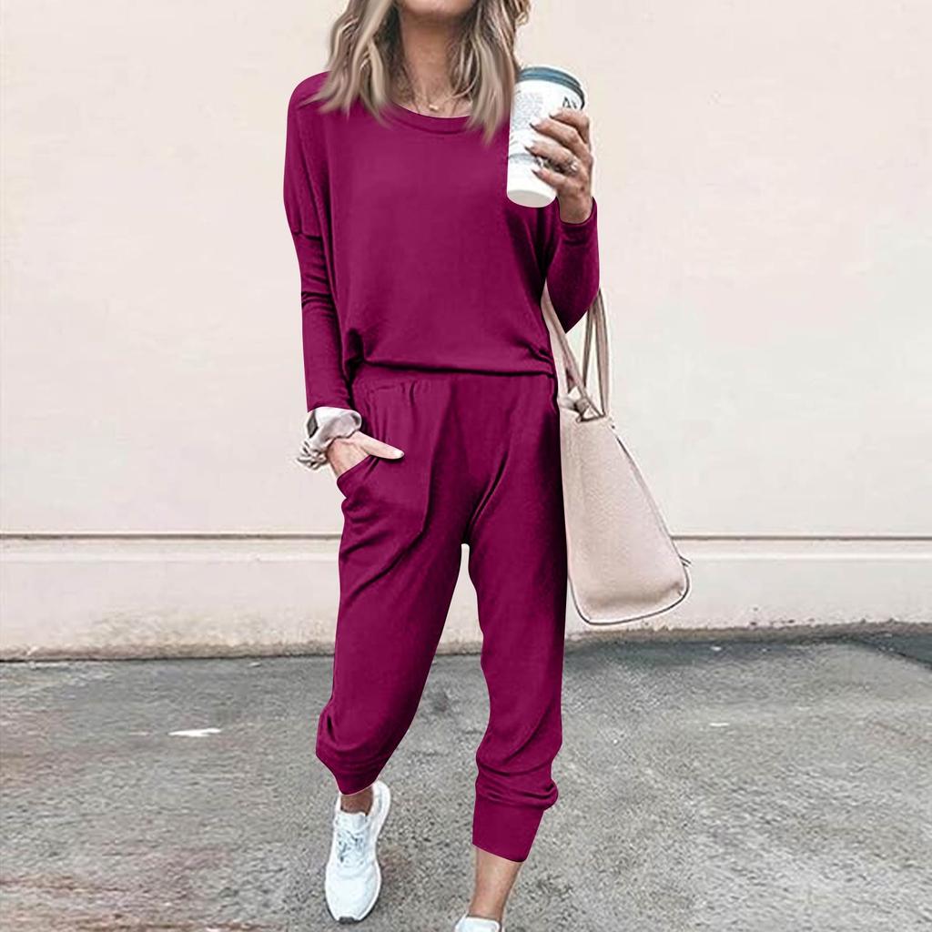 Sets For Women 2 Piece Round Neck Long Sleeve Shirts Colid Sweatpants Pocket Sets