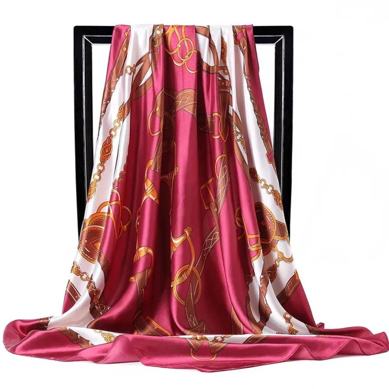 90*90Cm Satin Scarf For Women Cashew Flower Print Chain Scarf Spring And Summer  Style Shawl Scarf For Women   Style