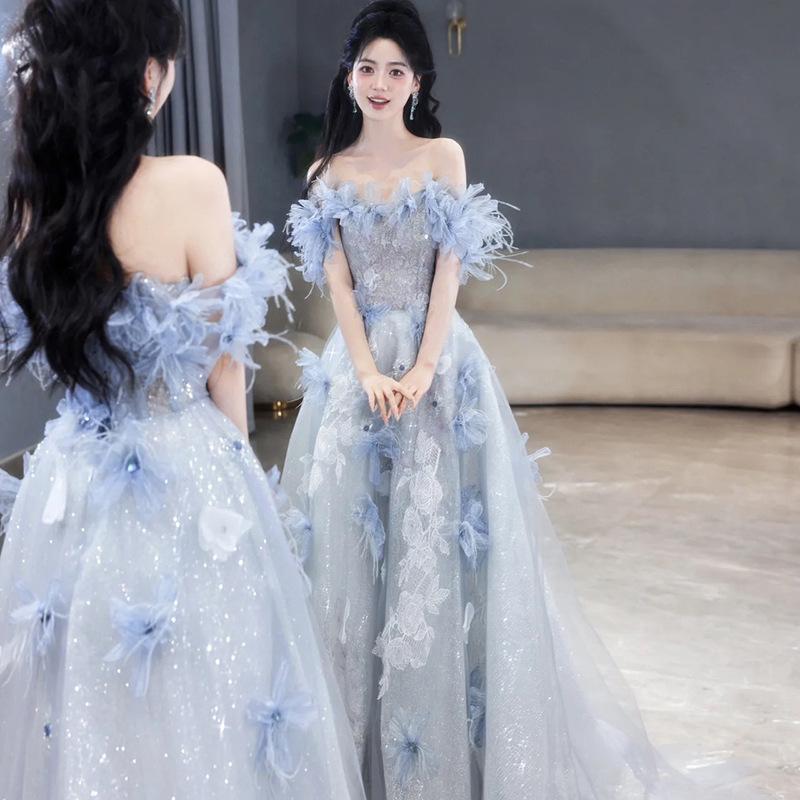 Blue evening dress dress women's 1011 new high-end light luxury niche wedding dress birthday adult toast engagement