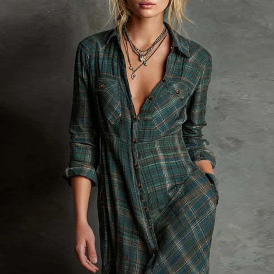 Autumn New Printed Casual Women's Long Sleeve Maxi Checkered Shirt Dress