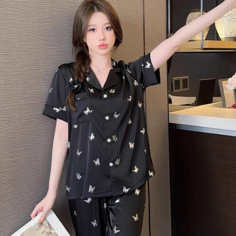 Pyjama court à manches courtes pour femme avec imprimé papillon en soie - Style mignon, pantalon long, vêtements d'intérieur