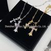 V Gold High Edition Double Cross Necklace with 18K Gold Plating & Multi-Color Diamond Pendant