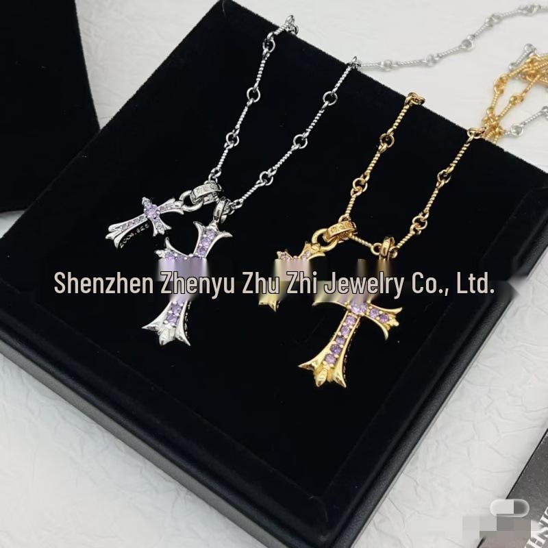 V Gold High Edition Double Cross Necklace with 18K Gold Plating & Multi-Color Diamond Pendant