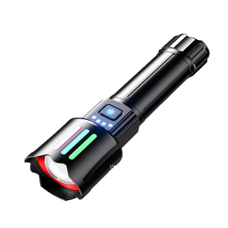 Rechargeable Long-Range Portable Flashlight with Telescopic Focus and Multifunctional Charging & Laser Features