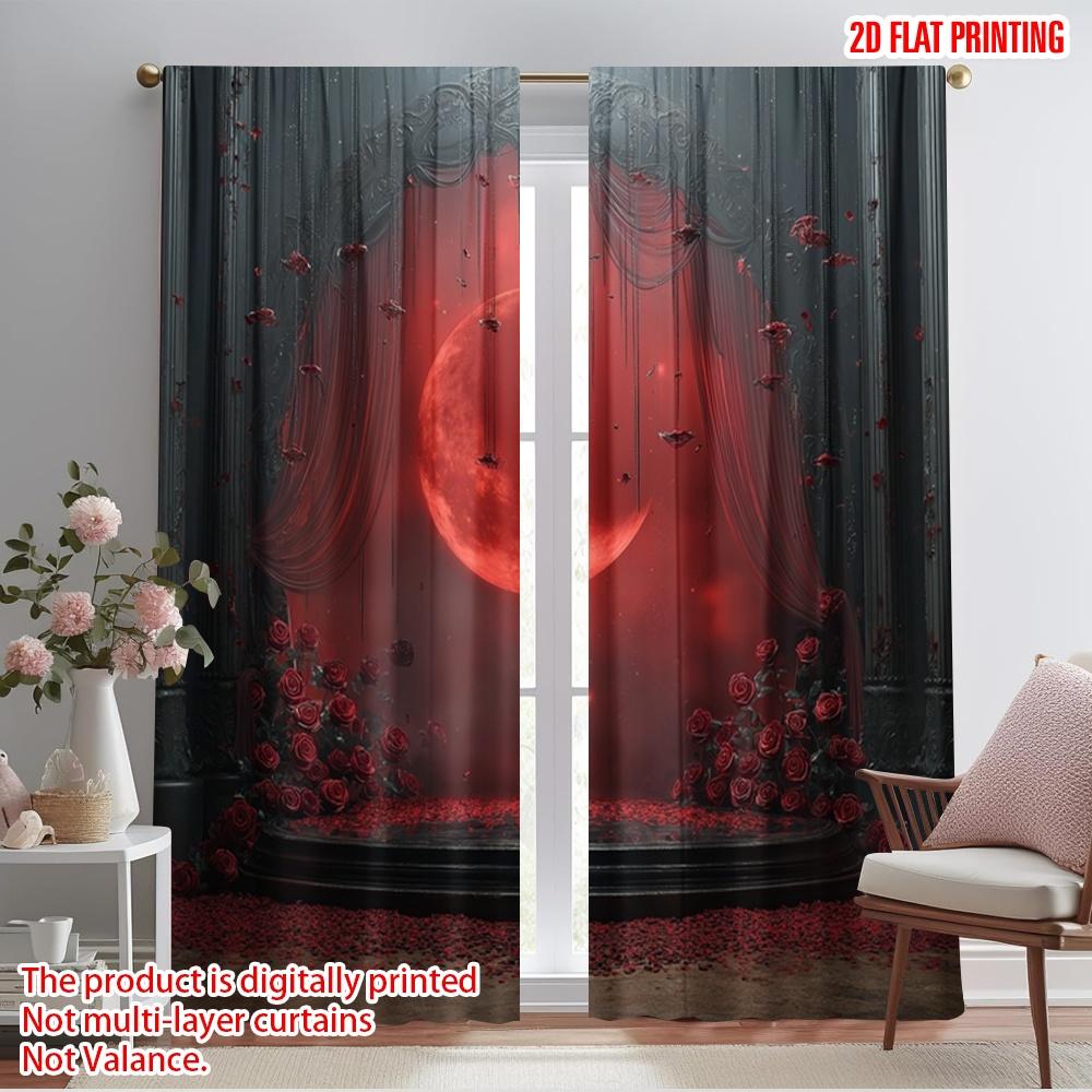 

2pcs,2D plane printing Curtains&Window Treatment Gothic Style Crescent Black Rose Silver Ring Durable 100% Polyester Fabric 52.50×116.00 CM 2pcs