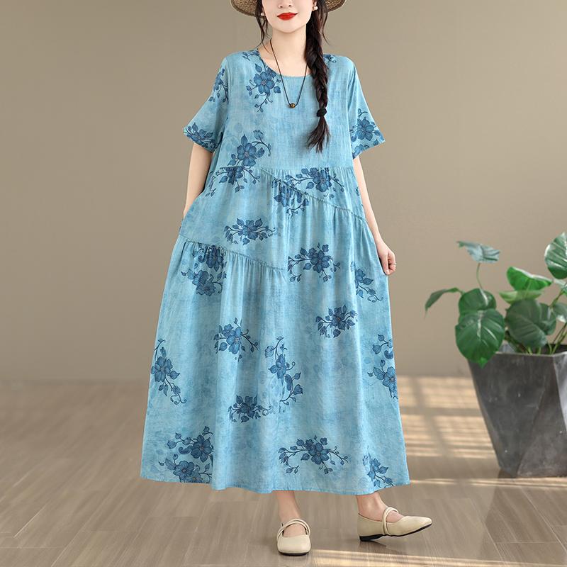 DIMANAF New 2026 Women Plus Size Spring Summer Casual Long Dress Floral Print Cotton Loose Oversize Maxi Beach Sundress