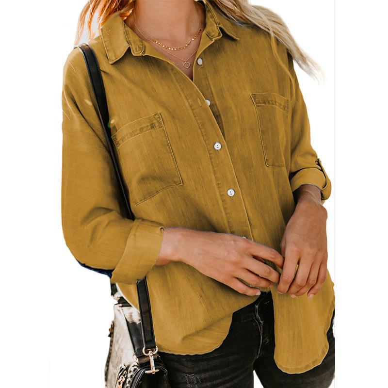 Spring Autumn Women's Denim Blouse Solid Lapel Long Sleeve Shirts Fashion Casual Office Lady Tops