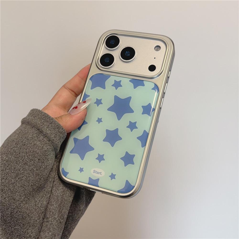 

INS Style Mint Green/Blue Star Phone Case for iPhone Models: 17 Pro Max, 16 Pro, 14, 13. 15 Pro Max