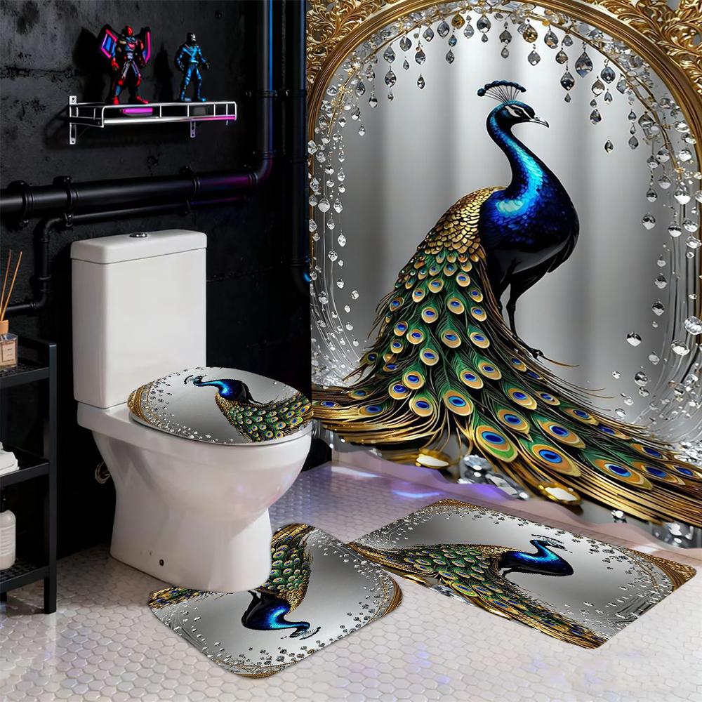 

Animal Elegant Peacock Pattern Shower Curtain Bath Sets Waterproof Non-Slip Bathroom Rug Toilet U With 12 Hooks Home Deco W60H190(CM)-1 Pcs