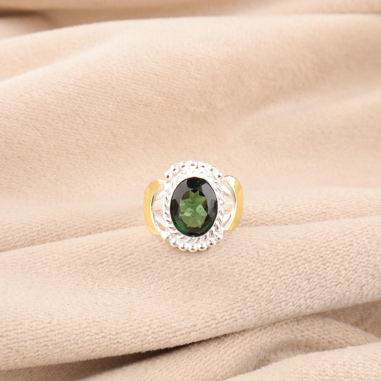 

Зеленый Турмалин Драгоценный Камень 925 Стерлинговое Серебро Ювелирные Изделия Ручной Работы Двухцветное Кольцо RR-61-4 13