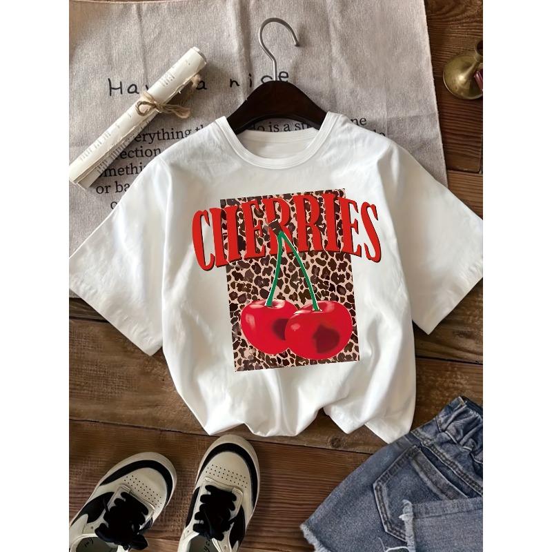 Children Crew Neck Short Sleeve T-Shirt, Leopard Print Background with Cherry & Letter Print 110 белый