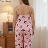 Plus Size Women Butterfly Print Pajama Set, Sleeveless Cami Tank Top & Elastic Long Pants 2 Piece Summer Soft Loungewear Sweet Sleepwear Nightwear