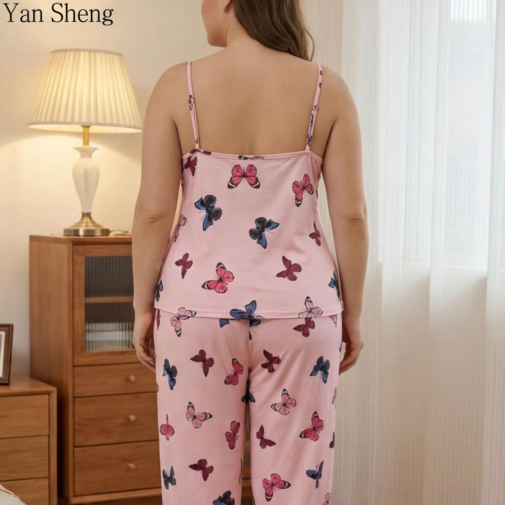 Plus Size Women Butterfly Print Pajama Set, Sleeveless Cami Tank Top & Elastic Long Pants 2 Piece Summer Soft Loungewear Sweet Sleepwear Nightwear