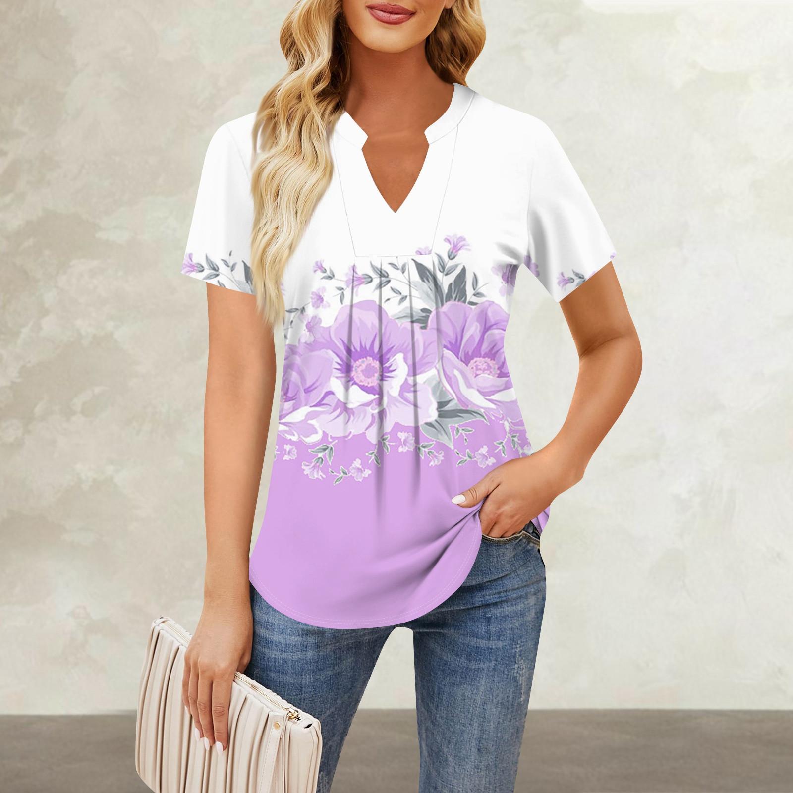 Женская повседневная свободная футболка с коротким рукавом и v-образным вырезом на груди — фото 14