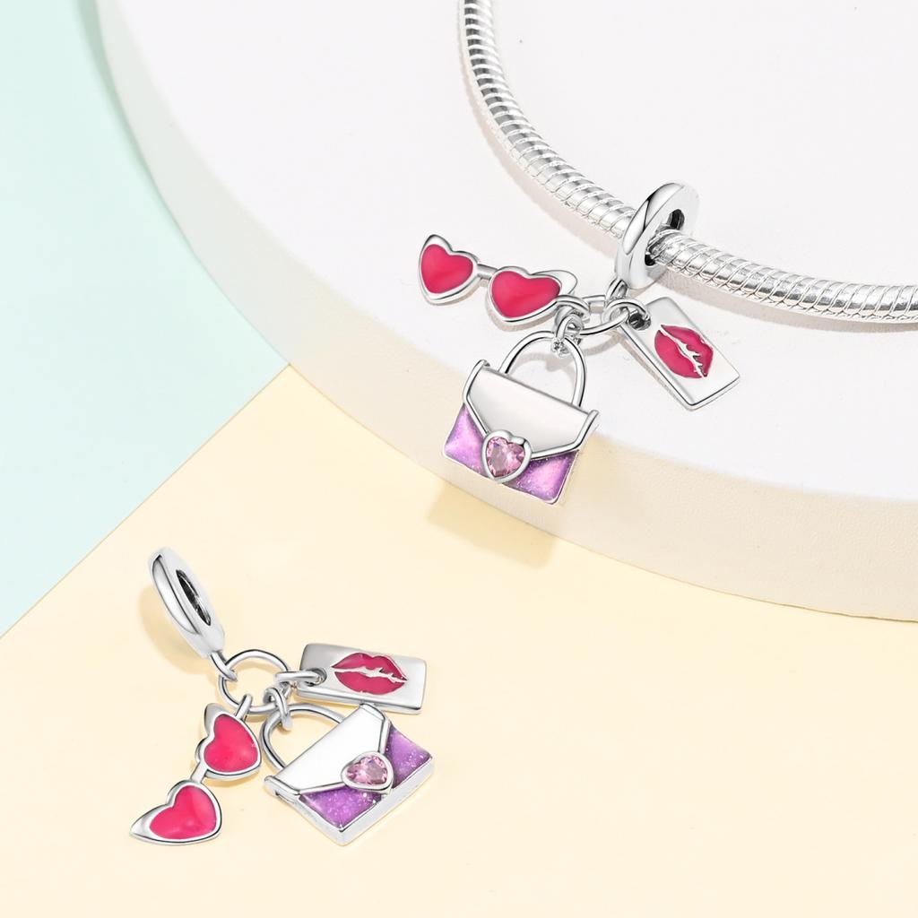 Charm Bead Components Plata Pink Heart-shaped Glasses Bag Bead Components Compatible With Authentic Original Bracelets Charm Bead Components Designed