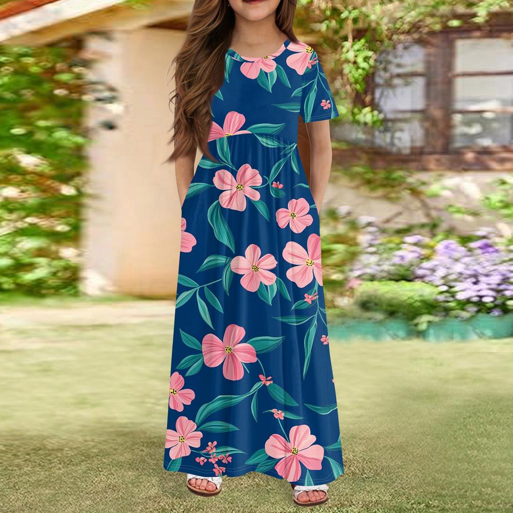Girls' Long Summer Dress - Short Sleeve Pocket Maxi Dress For 4-14Y