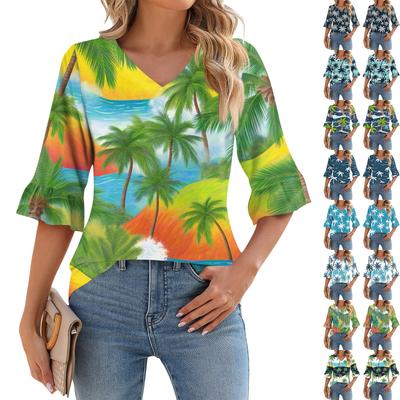 Women's Casual 3/4 Sleeve Top Summer V-neck Puffy Sleeve T-shirt Hawaiian Print Top