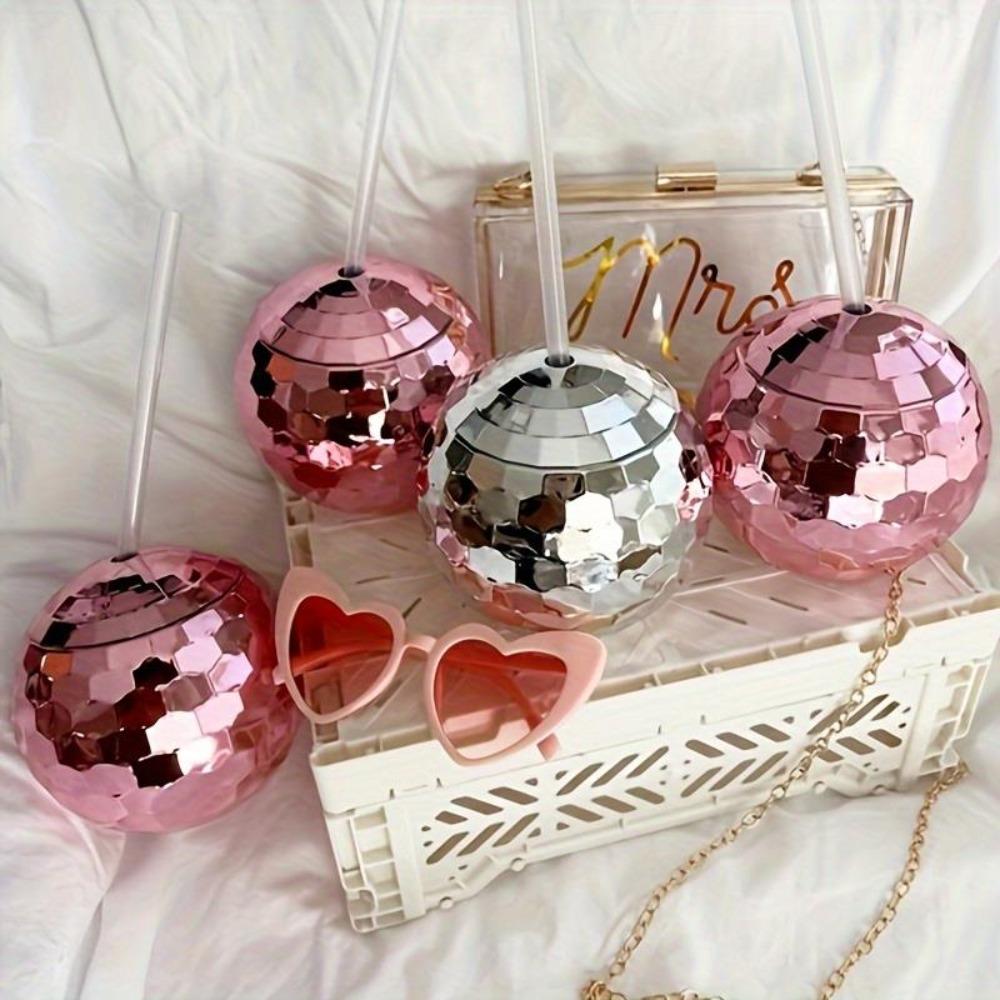 2pcs Silvery Disco Ball Cups 20oz Party Cups with Lid and Flash Ball Cocktail Cup Plastic Cups Tumbler with Lids and Straws Disco Ball Cups