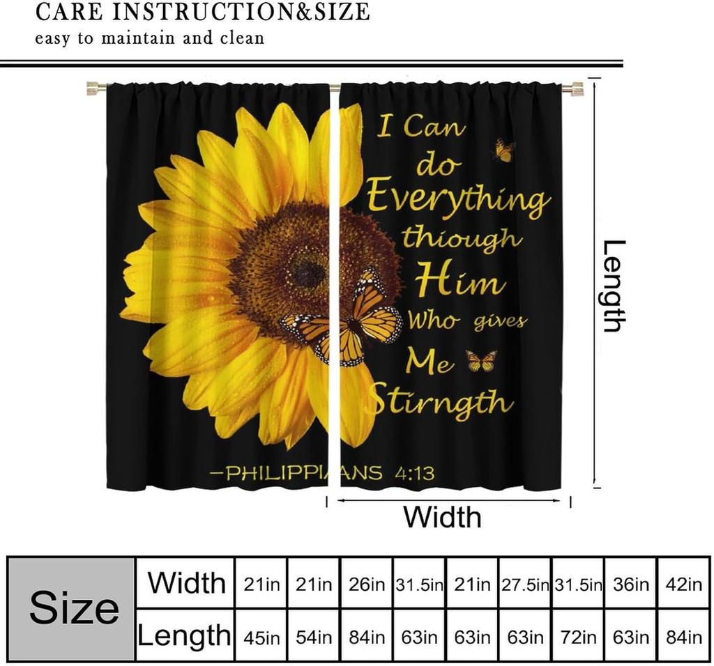 Sunflower Curtains for Kitchen,Black Pithy Rustic Sunshine Beautiful Wonderful Sunflower Plant Flower Butterfly Window Drapes