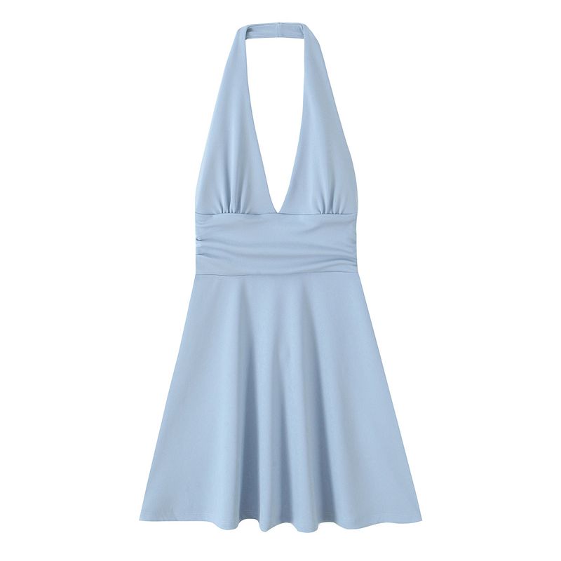 

Kaslead New Women clothes Western Style Fashion Simple Neck Collar Short Dress 5039358 Blue L